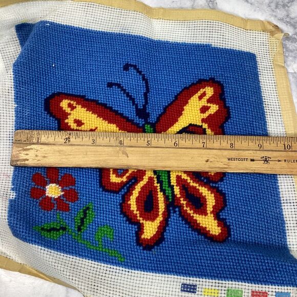 Vtg Butterfly Needlepoint Tapestry Panel Canvas Blue Red Yellow 9.25" x 8-3/4" - Picture 5 of 6